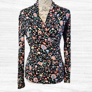 Boden Floral Wrap Top, Size 6, Black Stretchy, Long Sleeve